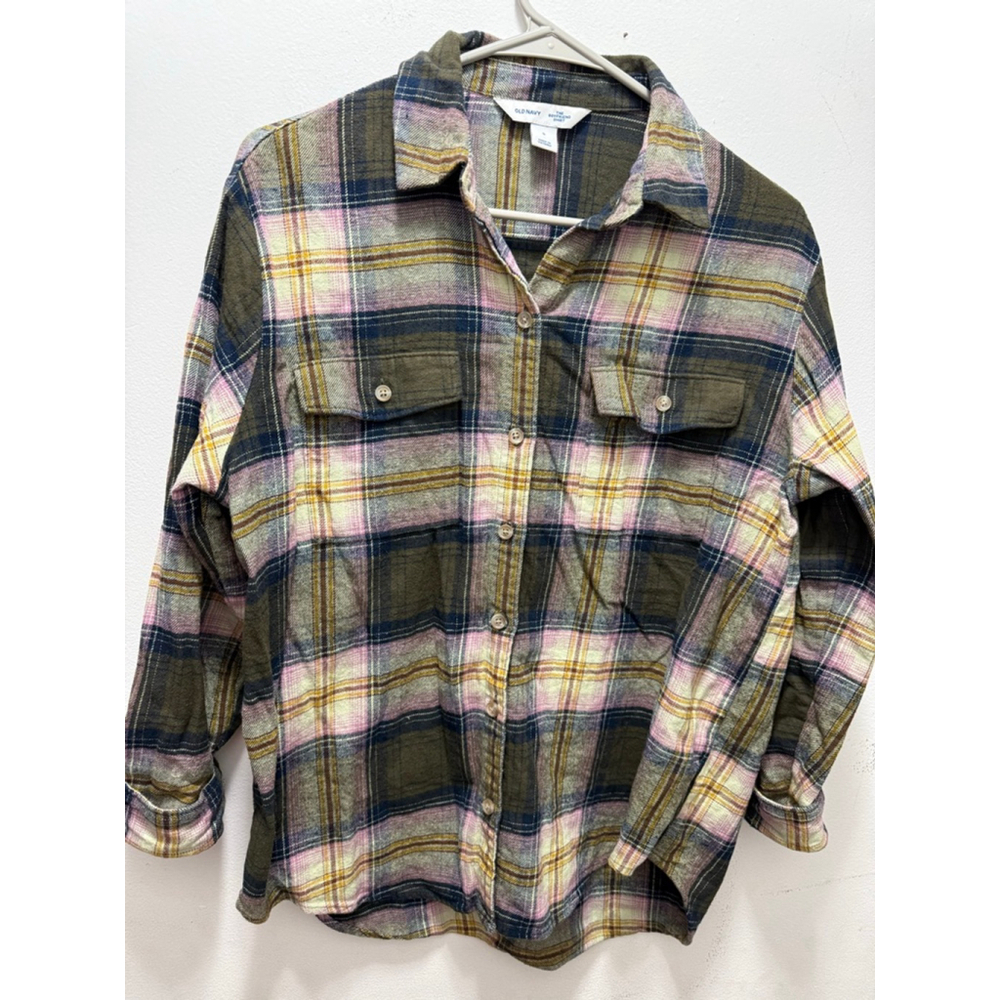 Women's Old Navy Plaid Button Down Shirt S Green Pink